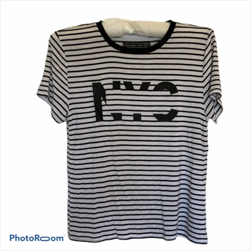 Abercrombie & Fitch NYC Logo Black/White Stripe Top Black Trim at Neck XS
